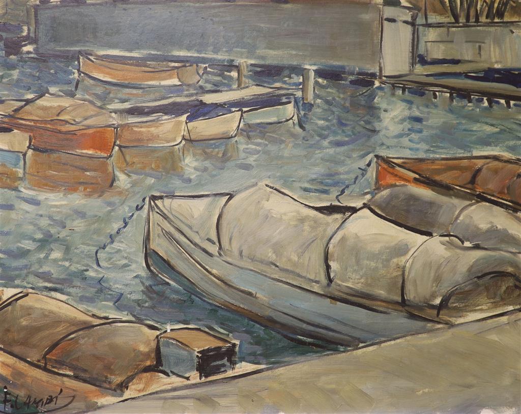 F. Campi, oil on canvas, Boats in harbour, signed, 45 x 54cm